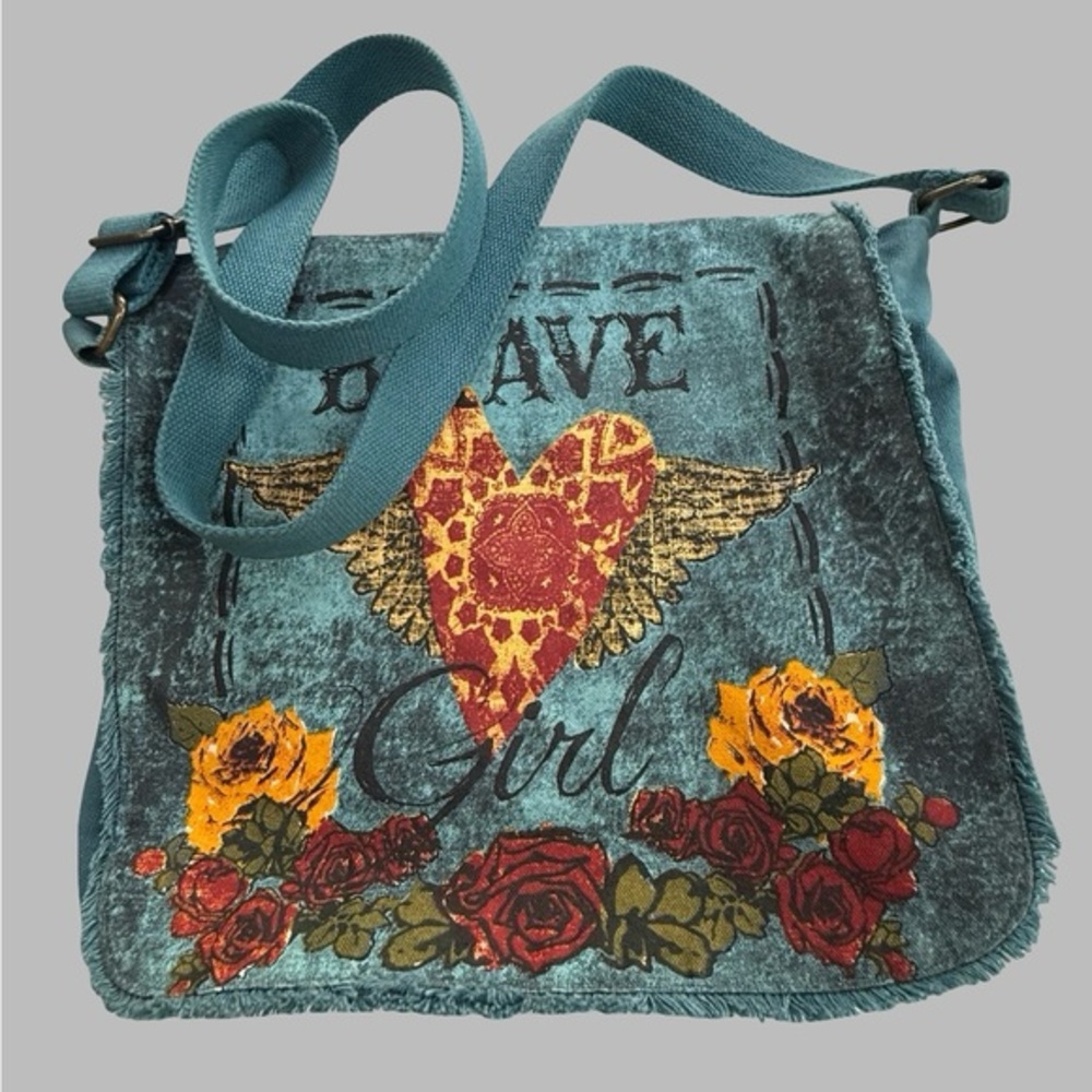 Melody Ross Brave Girl Teal Canvas‎ Crossbody Bag Heart Wings Roses Boho